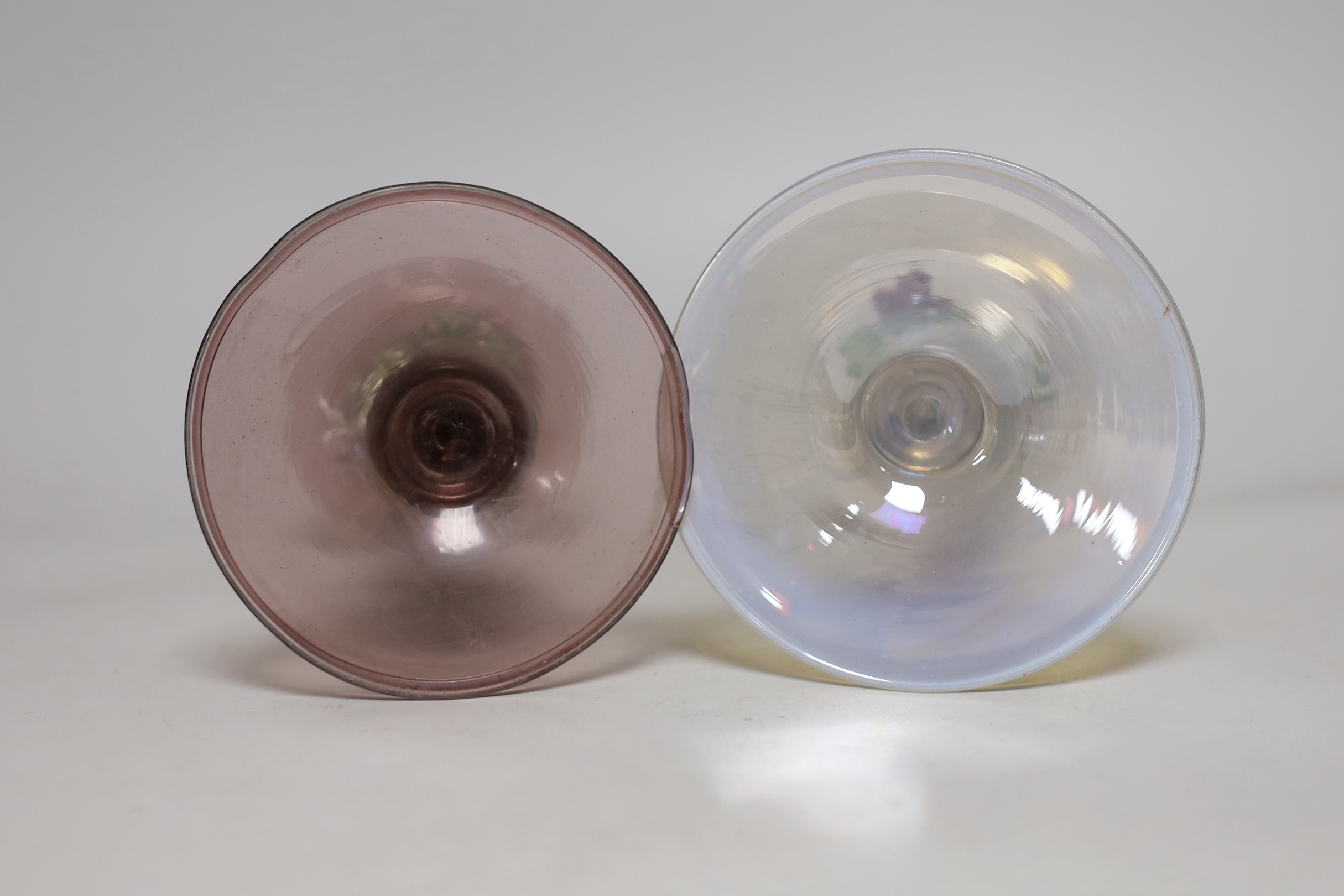 Two decorative Venetian glass candlesticks. Tallest 24cm